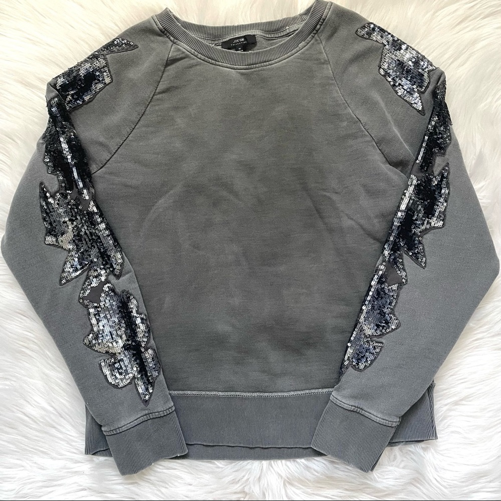Joe's Jeans Evie grunge distressed vintage wash gray sequin pullover crewneck XS